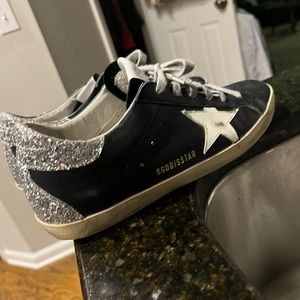 Golden Goose Superstar Black Leather Sneaker White Star Silver Glitter Heel 39
